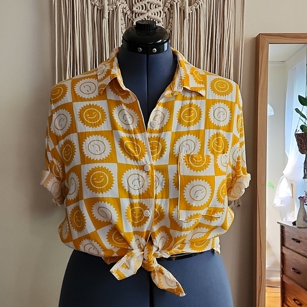 Mighty Fine - funky sun yellow & white checkered button down - XL